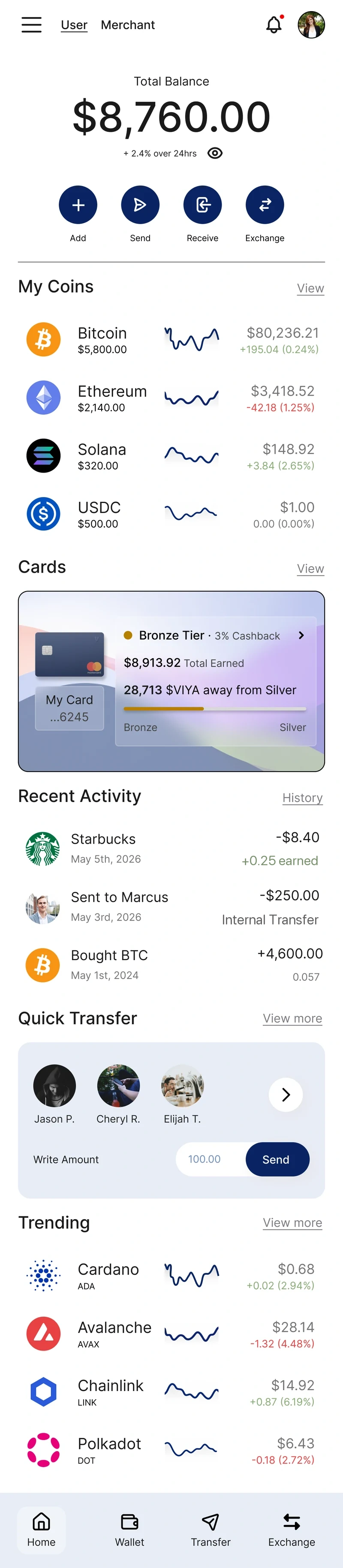 The consumer home screen, showing a total balance of $8,760.00 above quick actions and a list of coin holdings.