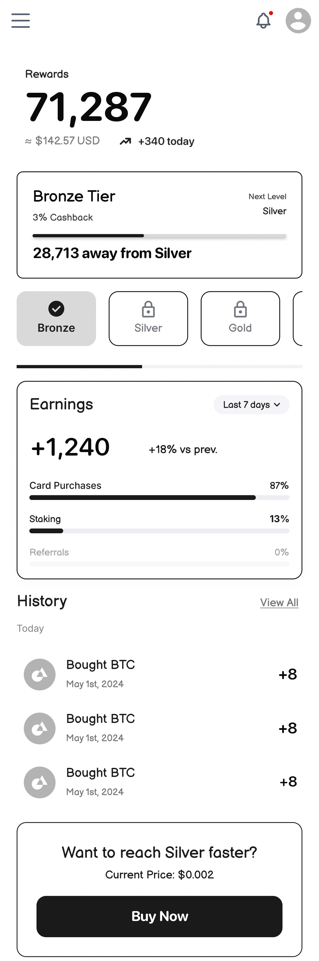 Rewards wireframe: a balance hero, current tier card with progress toward Silver, the tier ladder, an earnings breakdown by source, and earning history.