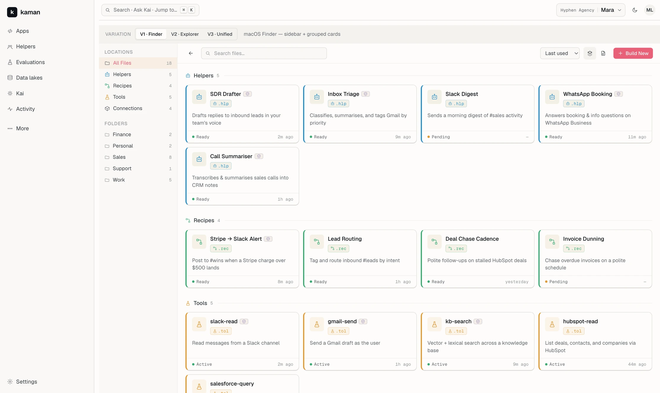 V1 Finder: a left sidebar listing Locations and Folders with counts, beside cards grouped under Helpers, Recipes and Tools headings.