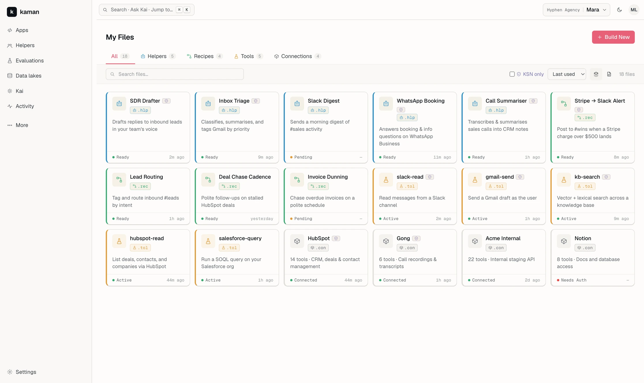 The My Files screen: a type-tabbed grid of Helpers, Recipes, Tools and Connections, each card showing a file extension chip, a status dot and a last-used time.
