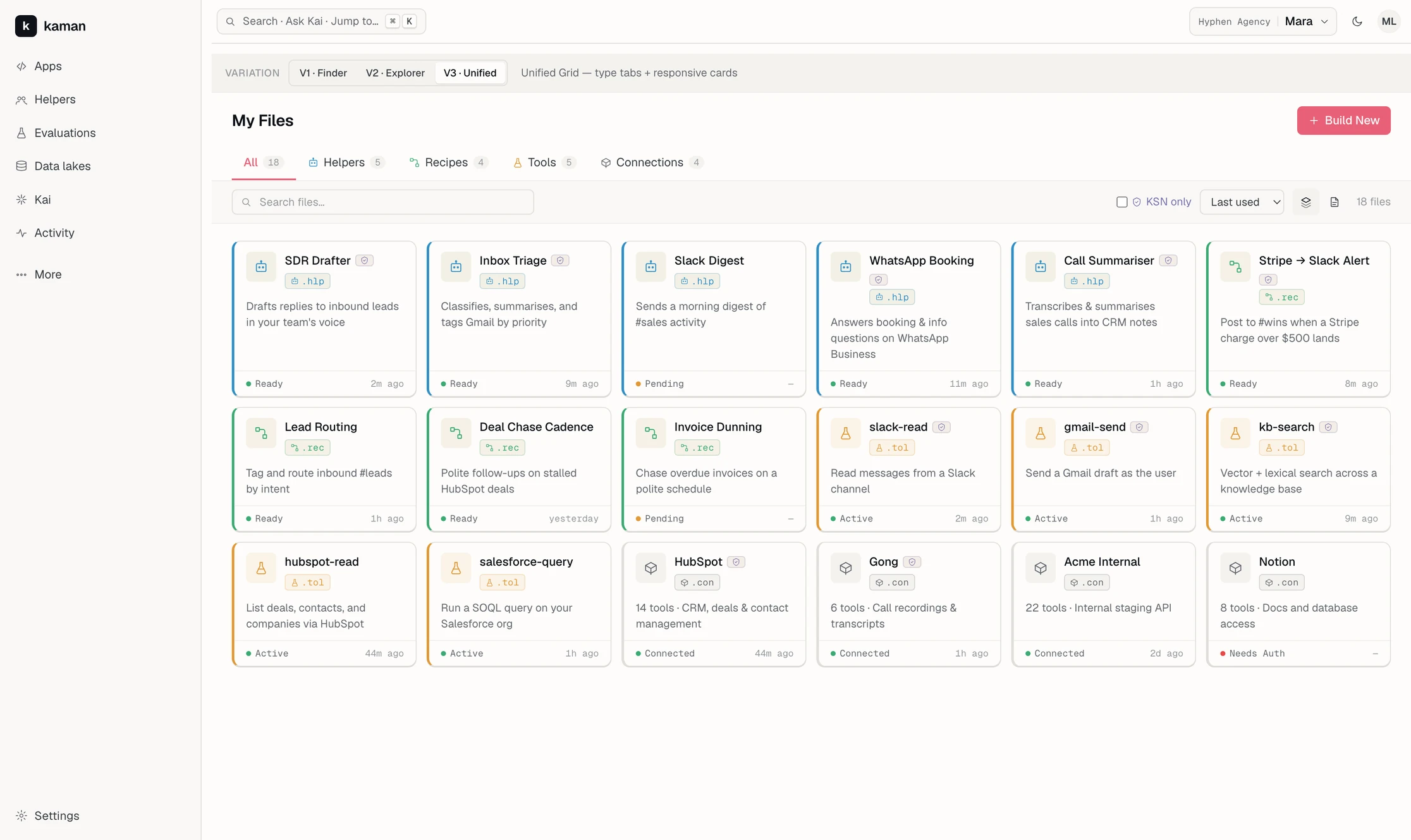 V3 Unified: type tabs labelled All, Helpers, Recipes, Tools and Connections with counts, above a responsive grid of cards.