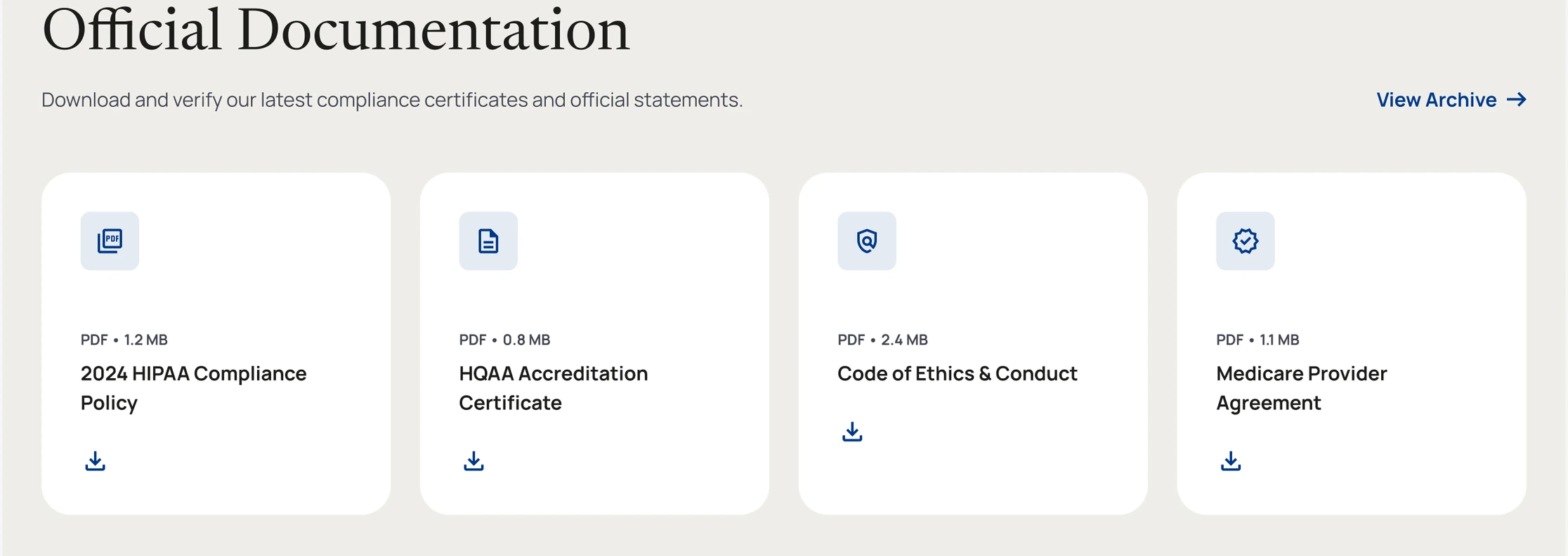 The Official Documentation section: four downloadable PDF cards for the HIPAA Compliance Policy, HQAA Accreditation Certificate, Code of Ethics and Medicare Provider Agreement, each showing its file size and a download icon.