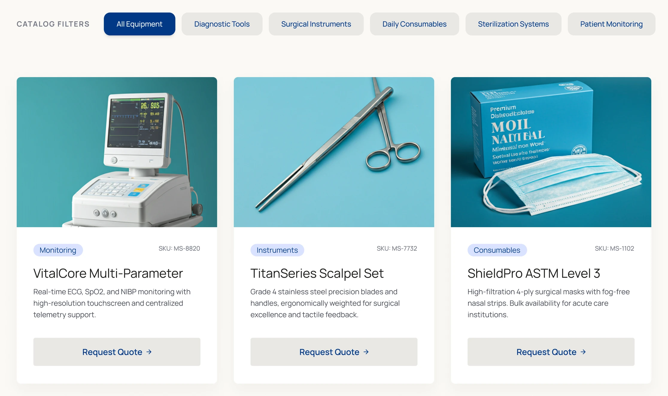 The Products page: category filter chips for All Equipment, Diagnostic Tools, Surgical Instruments, Daily Consumables, Sterilization Systems and Patient Monitoring, above product cards each showing a SKU, a category tag and a Request Quote button.